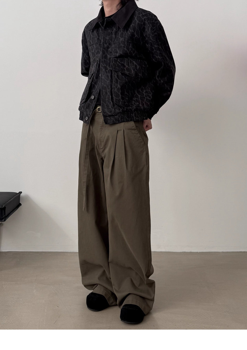 11KN American Retro Coffee Green Pleated Wide-Leg Pants