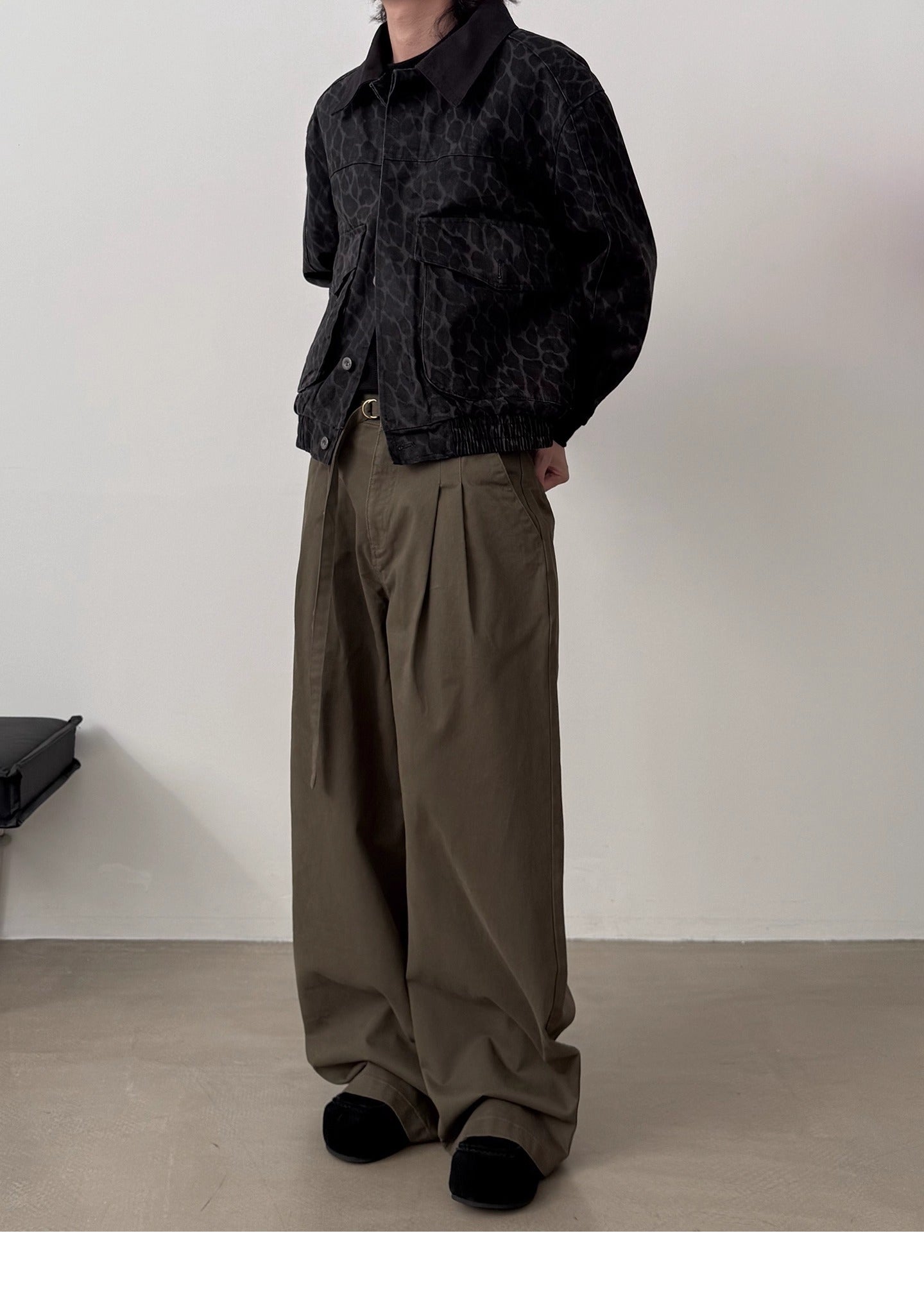 11KN American Retro Coffee Green Pleated Wide-Leg Pants