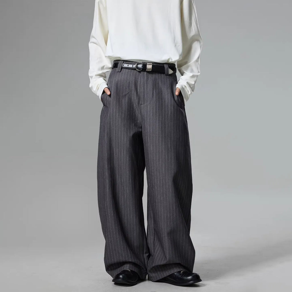 11KN Money Vertical Stripe Pleated Wide-Leg Trousers