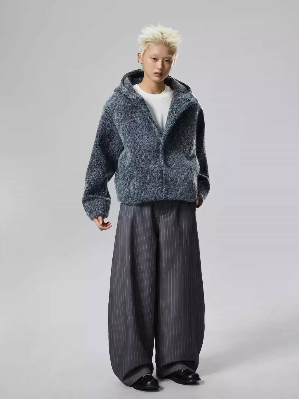 11KN Money Vertical Stripe Pleated Wide-Leg Trousers