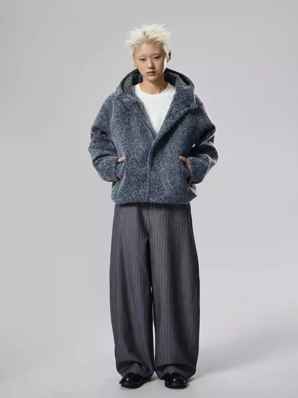 11KN Money Vertical Stripe Pleated Wide-Leg Trousers